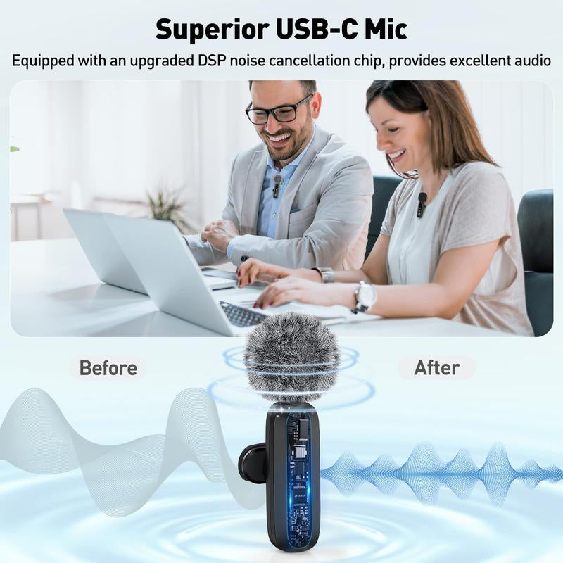 USB-C Lavalier Microphone, Clip-On Audio Mic with Clip & Indicator Light, Mini Microphones Kit, Wireless Microphones for Type-C Android Phones/Tablets/Pc Video Recording, Streaming Equipment
