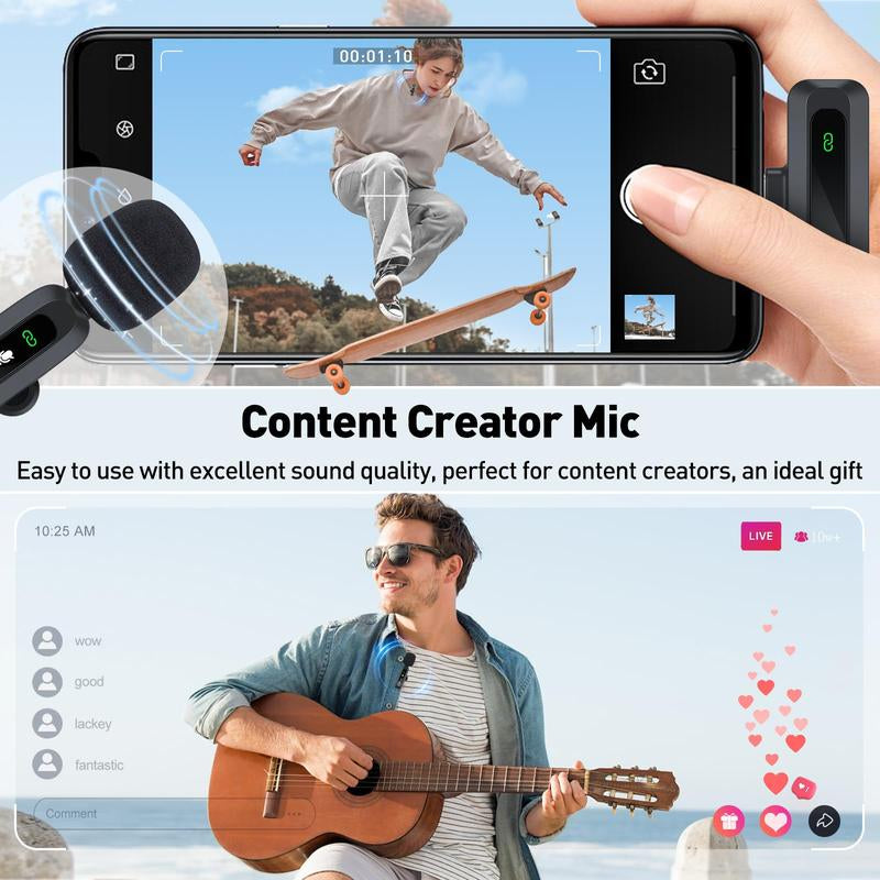 USB-C Lavalier Microphone, Clip-On Audio Mic with Clip & Indicator Light, Mini Microphones Kit, Wireless Microphones for Type-C Android Phones/Tablets/Pc Video Recording, Streaming Equipment